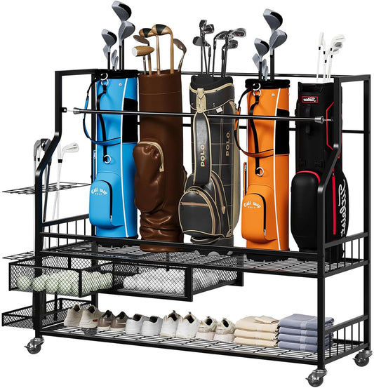 Garvee 4-5 Bags Stand Golf Organizer Rack with Wheels-Large Golf Bag Storage Organizer for Garage,Golfs Club and Home