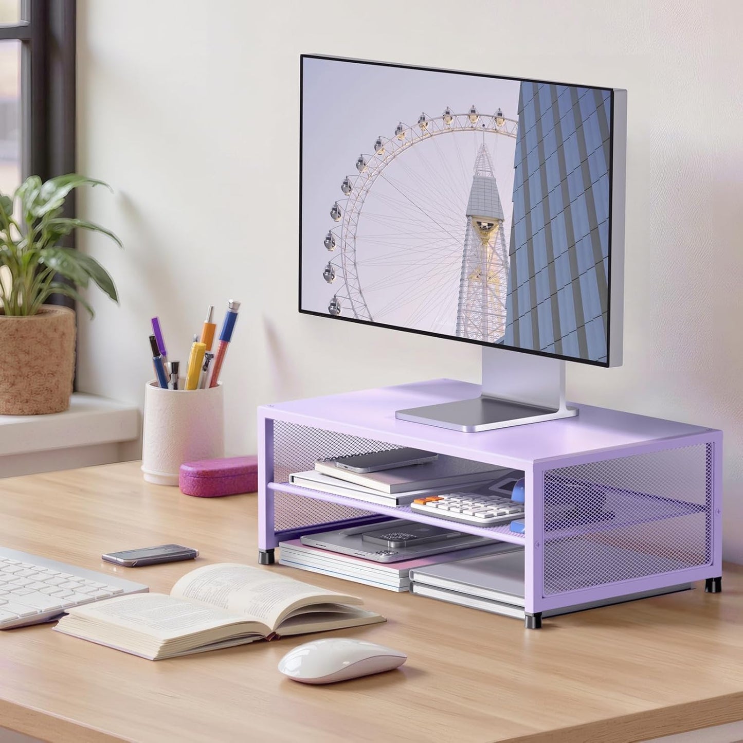 Desk Organizers and Accessories, 2-Tier Metal Computer Monitor Stand Riser, Desk Organizer for Monitor, Printer & Laptop Stand, Desktop Workspace Organizers for Office Supplies(Purple)