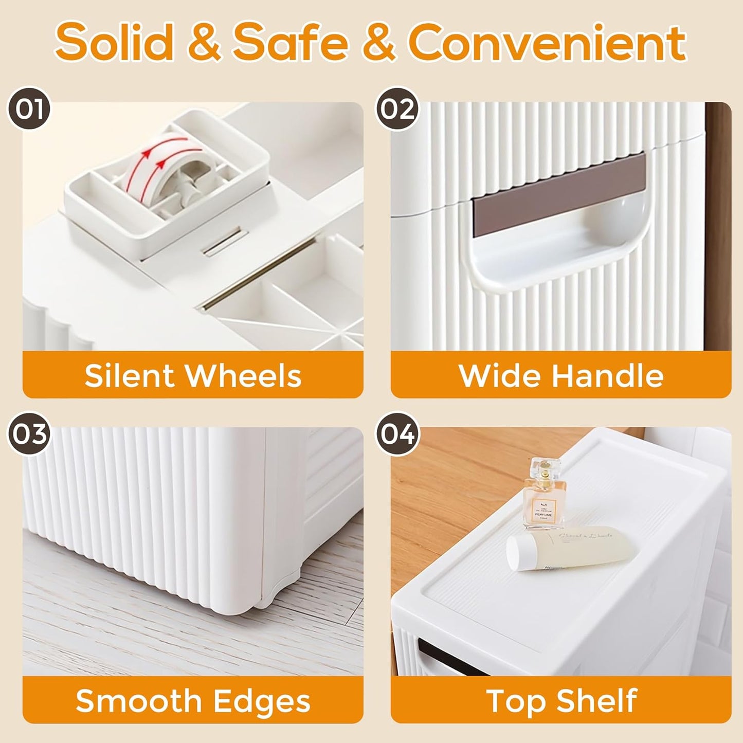 4 Drawers Slim Bathroom Storage Cabinet Dresser, Narrow Plastic Rolling Cart Organizer with Drawers, for Small Spaces, Kitchen, Laundry, Office, Bedroom, White