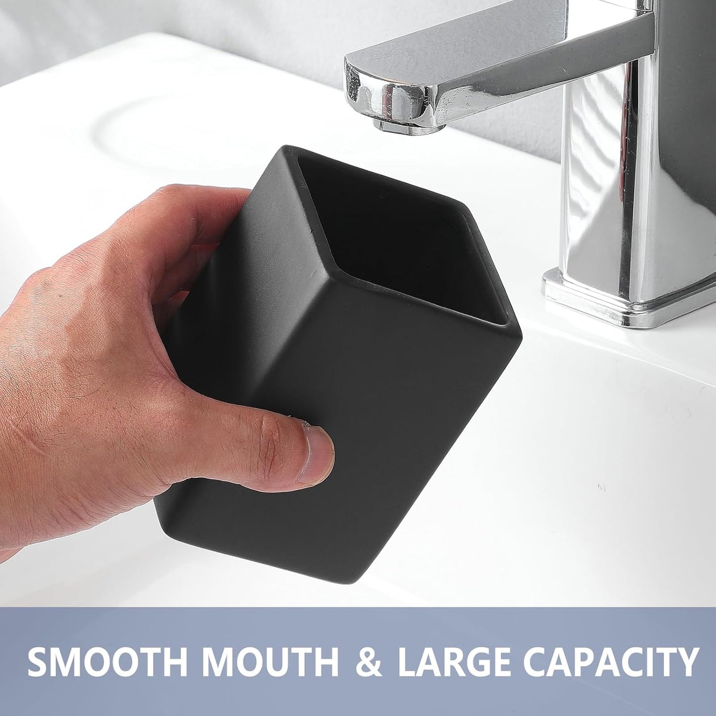 Black Square Toothbrush Holders for Bathrooms - 2 Cups Ceramic Square Toothbrush Toothpaste Holders Set, Bathroom Tumbler Cups Reusable Toothbrush Mouthwash Cup, Bathroom Counter Organizer.
