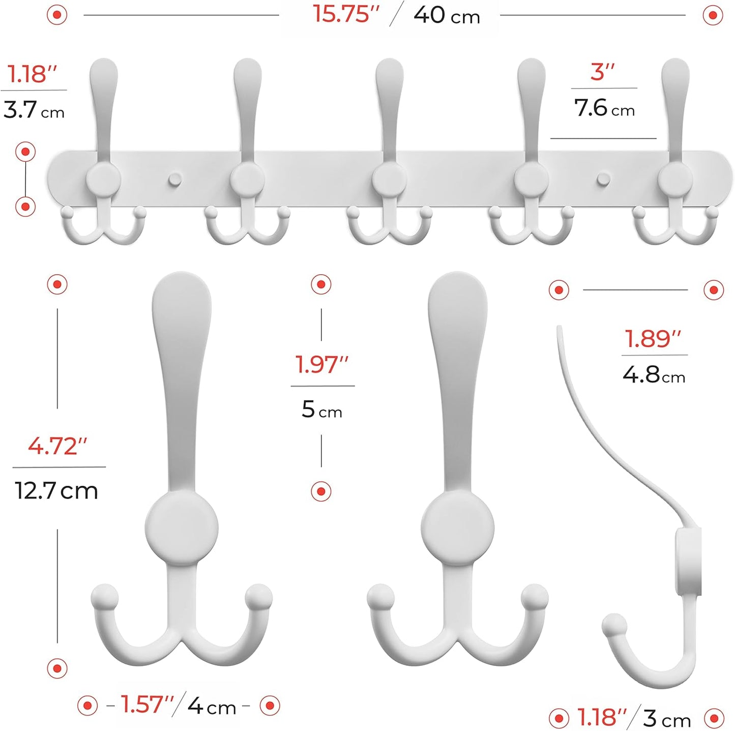 Coat Rack Wall Mount with 5 Tri Hooks, Stainless Steel 16 Inch – White Matte Finish, Heavy Duty Wall Mounted Hook Rack for Coats, Hats, Towels, Scarfs, Robes, Bags, Entryway & Bathroom