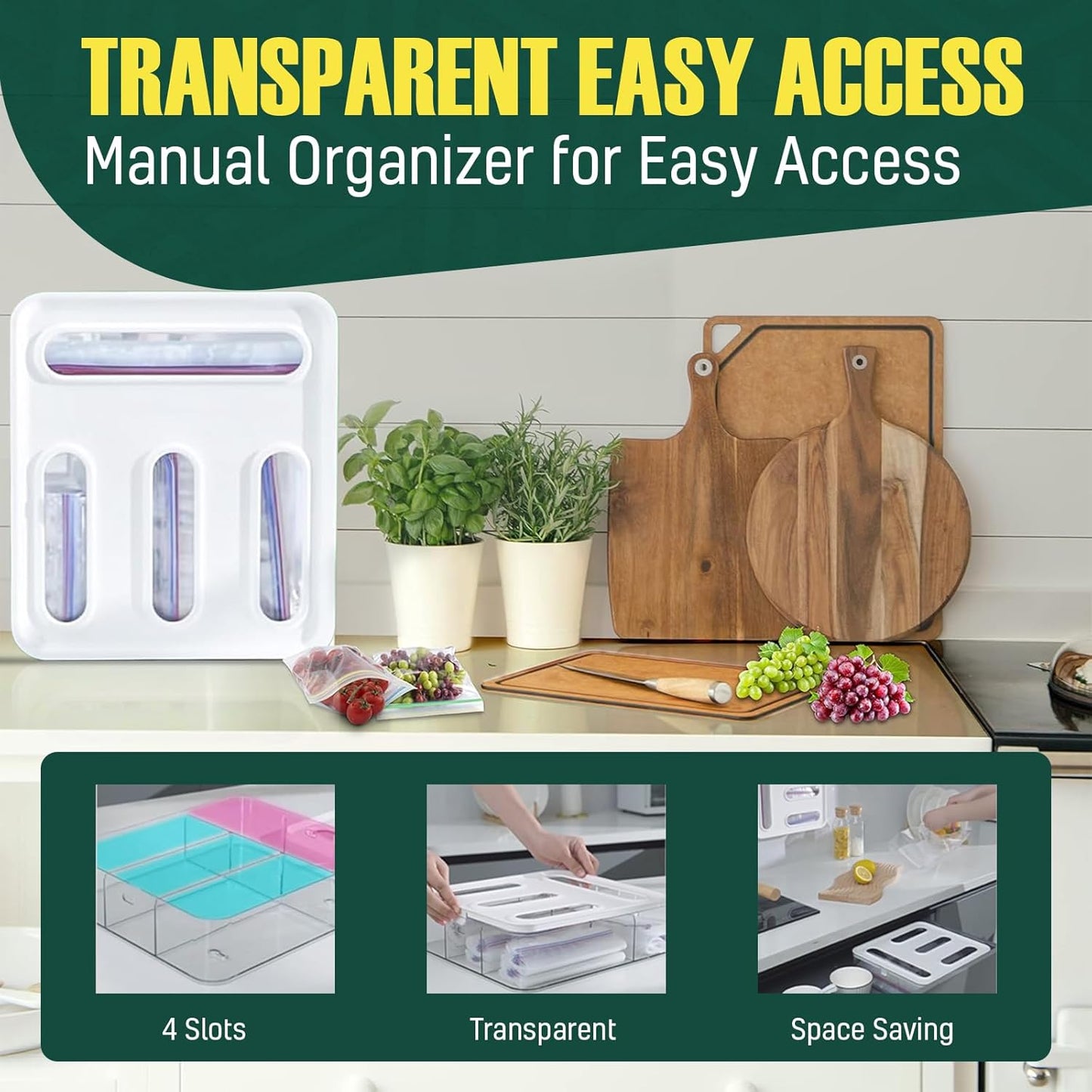 HIMUS Food Storage Bag Organizer - 4 in 1 Plastic Baggie Organizer for Drawer | Compatible with Sandwich, Snack, Gallon, Quart & Slider | Plastic Bag Organizers Kitchen Storage| Wall & Drawer Mount
