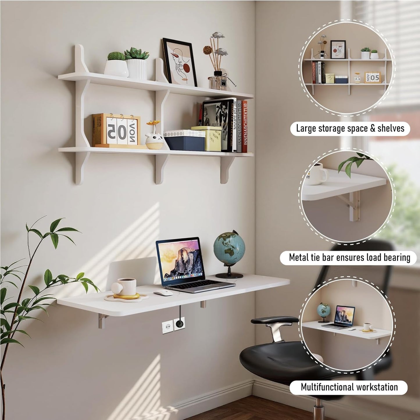 Pmnianhua Wall Mounted Folding Table, 47'' Floating Laptop Desk with Shelves, Foldable Drop Leaf Table, Wall Mount Fold Down Table for Laundry Room Kitchen Bar Home Office Small Space(White)