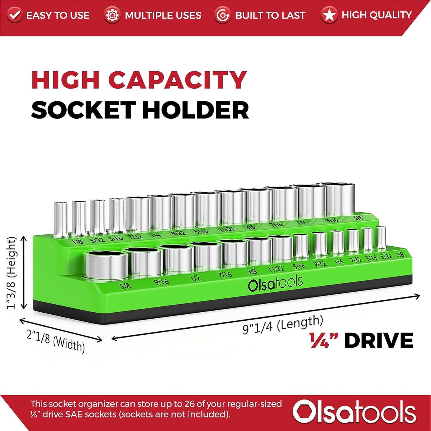 Olsa Tools Magnetic Socket Organizer | 1/4-inch Drive | SAE | Green | Holds 26 Sockets | Professional Quality Tools Organizer