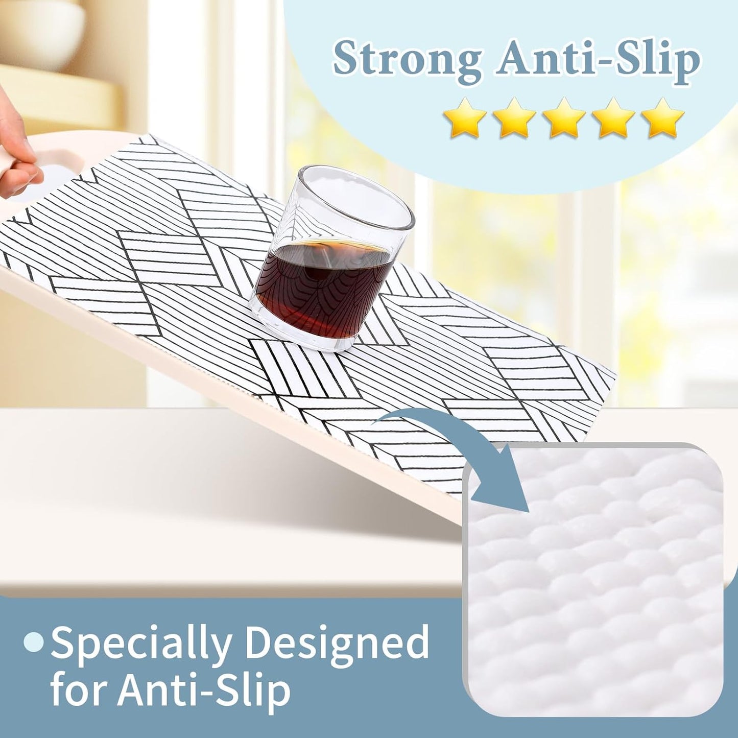 Shelf Liners for Kitchen Cabinets 17in x 30FT, Non Adhesive Cabinet Liner Strong Non-Slip Thickened Black White Geometric Drawer Liner, Easy to Clean for Shelf, Cabinet with Knife and Tape Measure