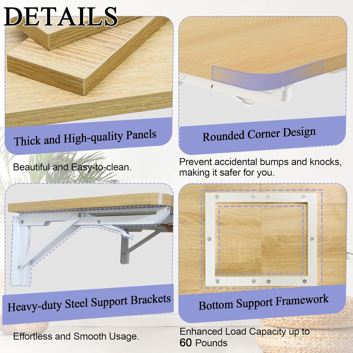 TEAMIX Wall Mounted Folding Table, Floating Desk for Small Spaces, Drop Leaf Dining Table for Kitchen Fold Down Laundry Shelf with Heavy-Duty Brackets