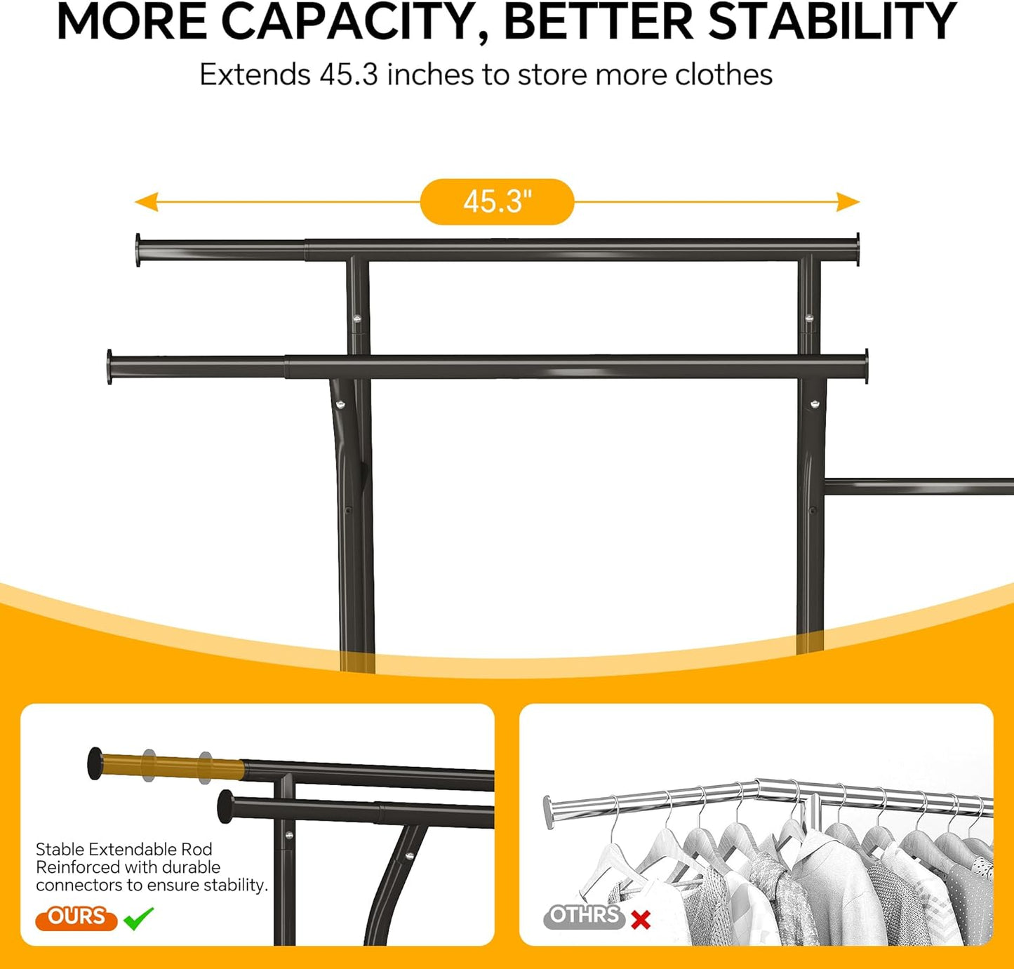 Homeiju Heavy Duty Clothes Rack Load 500LBS, Three Rods Clothing Racks for Hanging Clothes Extendable, Rolling Garment Rack with Sturdy Wheels, Basket, Storage Shelves, Black