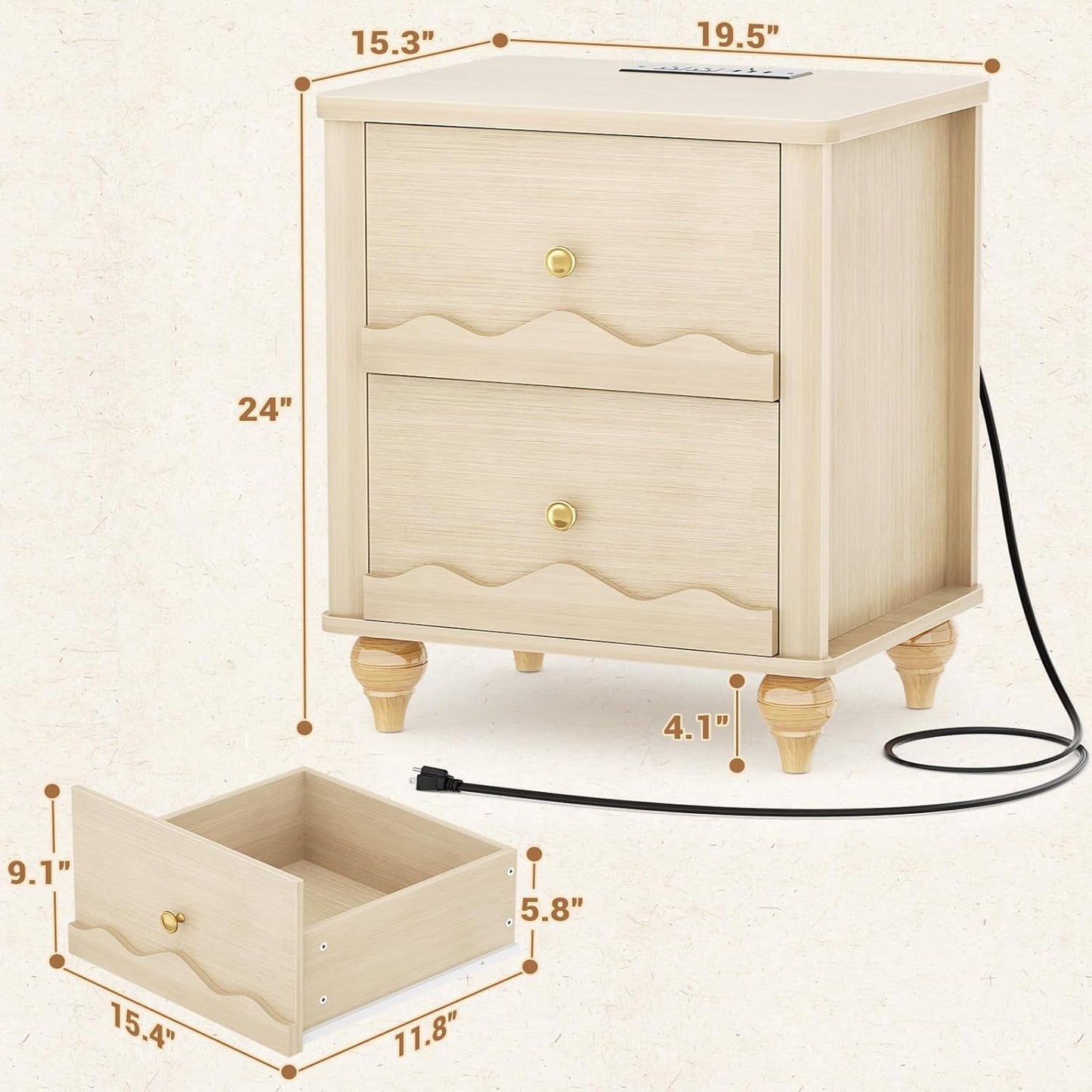 Cyclysio Nightstand with Charging Station, Side End Table with 2 Drawers, Modern Wood Night Stand with Scalloped Pattern for Bedroom, Bedside Night Tables with Solid Wood Gourd Legs