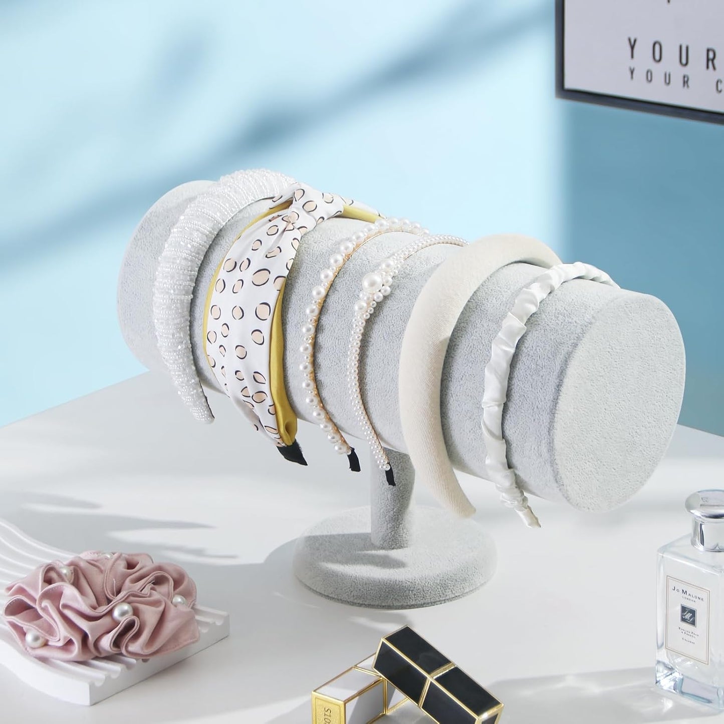 T-Bar Headband Holder Organizer for Selling, Soft Velvet Hairband Stand Display, Hair Hoop Accessories Jewelry Storage for Home Bedroom (Gray Beige Velvet)