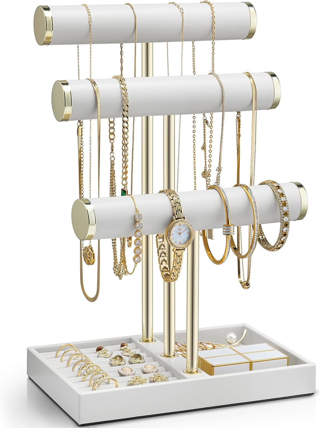 Vlando 3 Tier Bracelet Holder Organizer with Tray - Leather Jewelry Stand Organizer for Women - Jewelry Holder Display for Necklace, Watches, Rings, Earrings, Bangle, Scrunchie - White