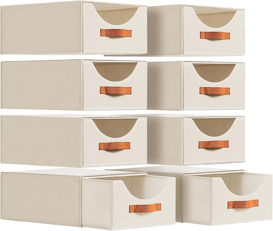 Large Closet Organizers and Storage - Stackable Storage Bins with Drawer, Fabric Containers for Organizing, Collapsible Organizer Bins for Bedroom, 8 Pack, Beige