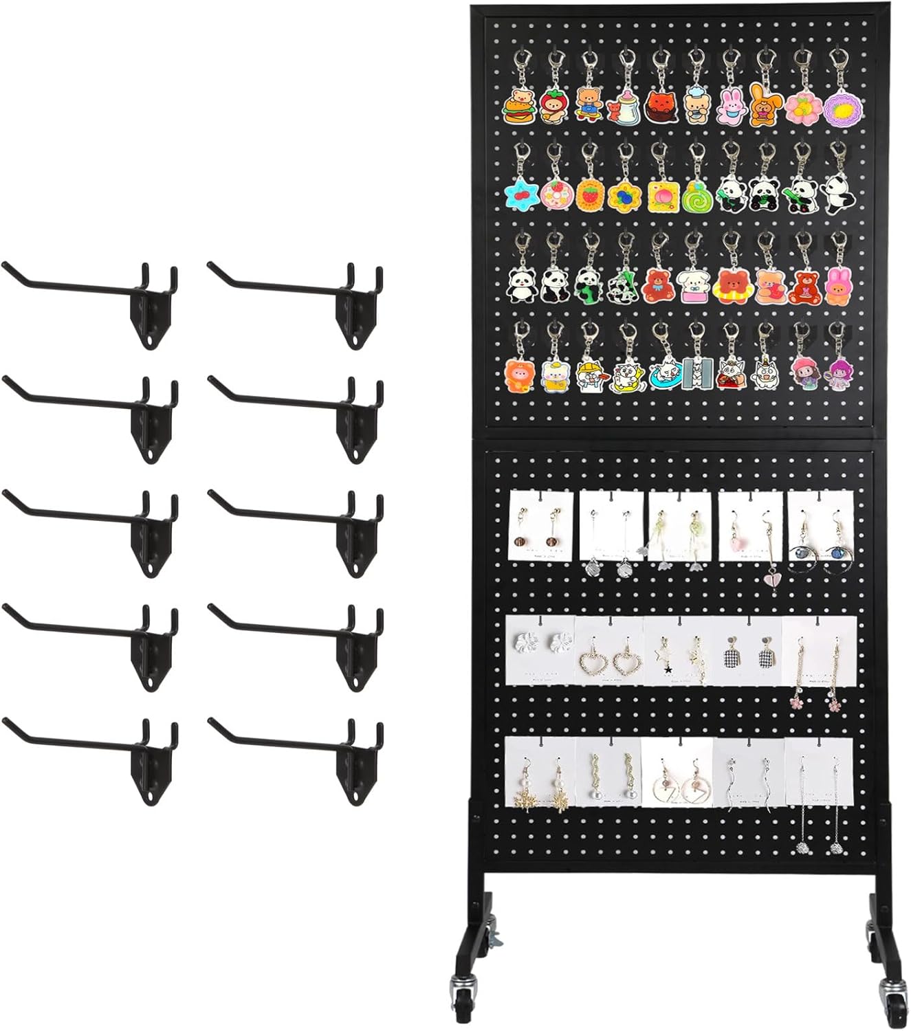 2'x 5' Standing Pegboard Display with T-Base, Pegboard Display Stand with Wheels, Metal Peg Board Display Rack, Art Display Stand, Extra 10 Pieces Hooks - Black
