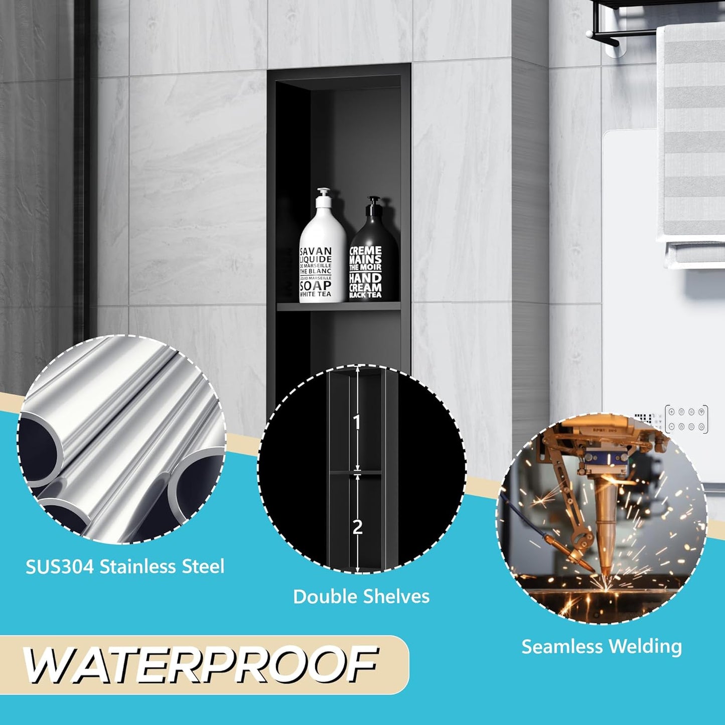 Stainless Steel Shower Niche 24" X 8", No-Tile Needed Wall Niche Double Shelves, Recessed Shower Storage, Matte Black
