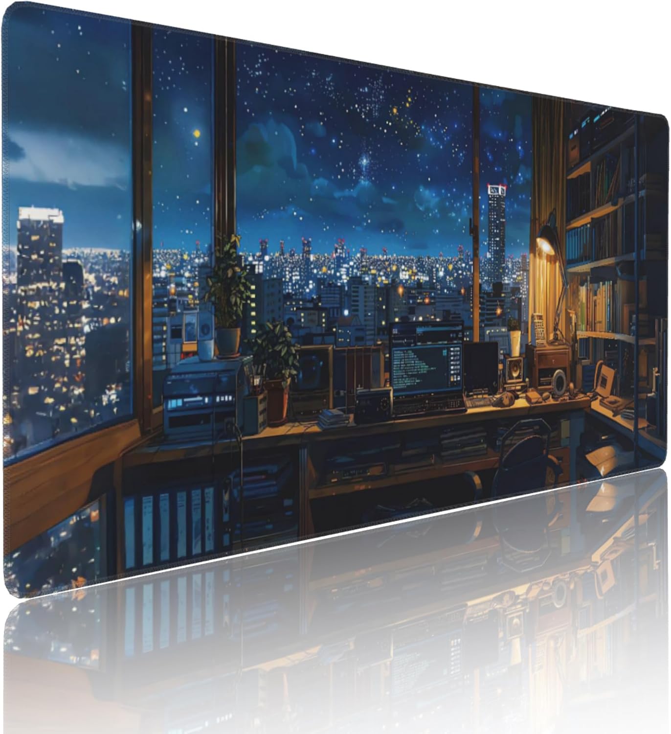 City Night from The Study Window Large Mouse Pad, Anime Style Gaming Desk Mat, XXL Keyboard Desk Pad Mat for Desktop, 35.4"x15.7" Non-Slip Base Big Mousepad with Stitched Edges