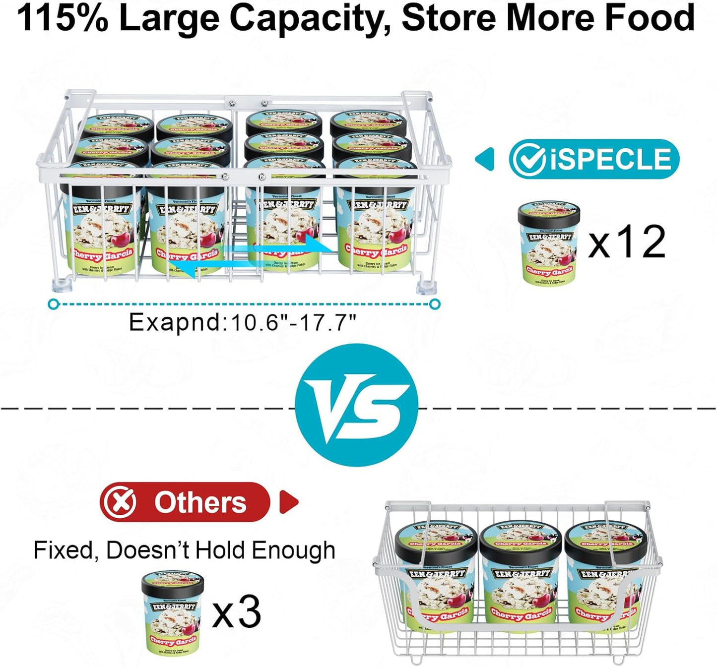 iSPECLE Freezer Organizer Bins - Fit 10 to 20 Cu Ft Chest Freezer, 2 Pack Large Expandable Stackable Deep Freezer Organizer Bins Sort and Easily Get Food without Digging in the Freezer, White