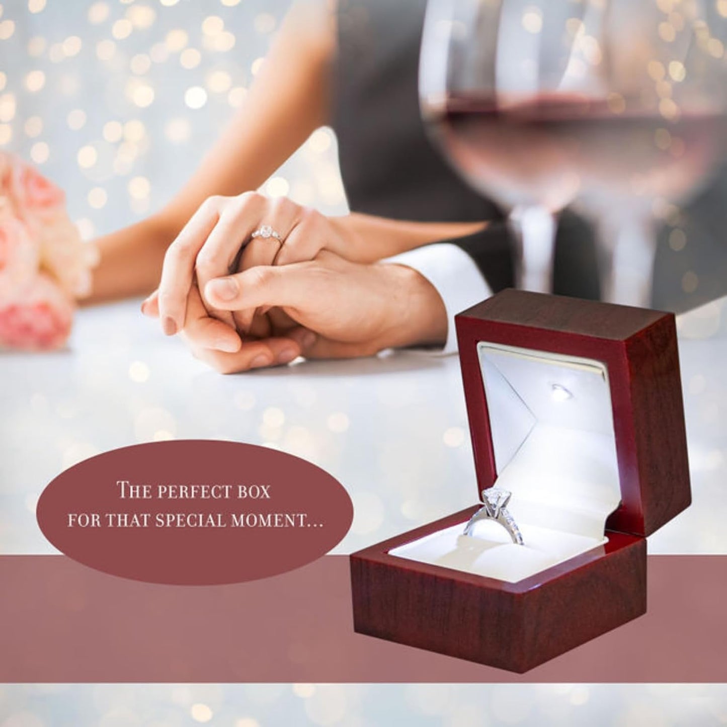 Novel Box Cherry Luxury Ring Jewelry Box with LED Light 2.37x2.37x1.87 Inches - Authentic Mahogany with White Insert - Unique Ring Box for Proposal, Engagement, Wedding, or Small Jewelry Display Gifts