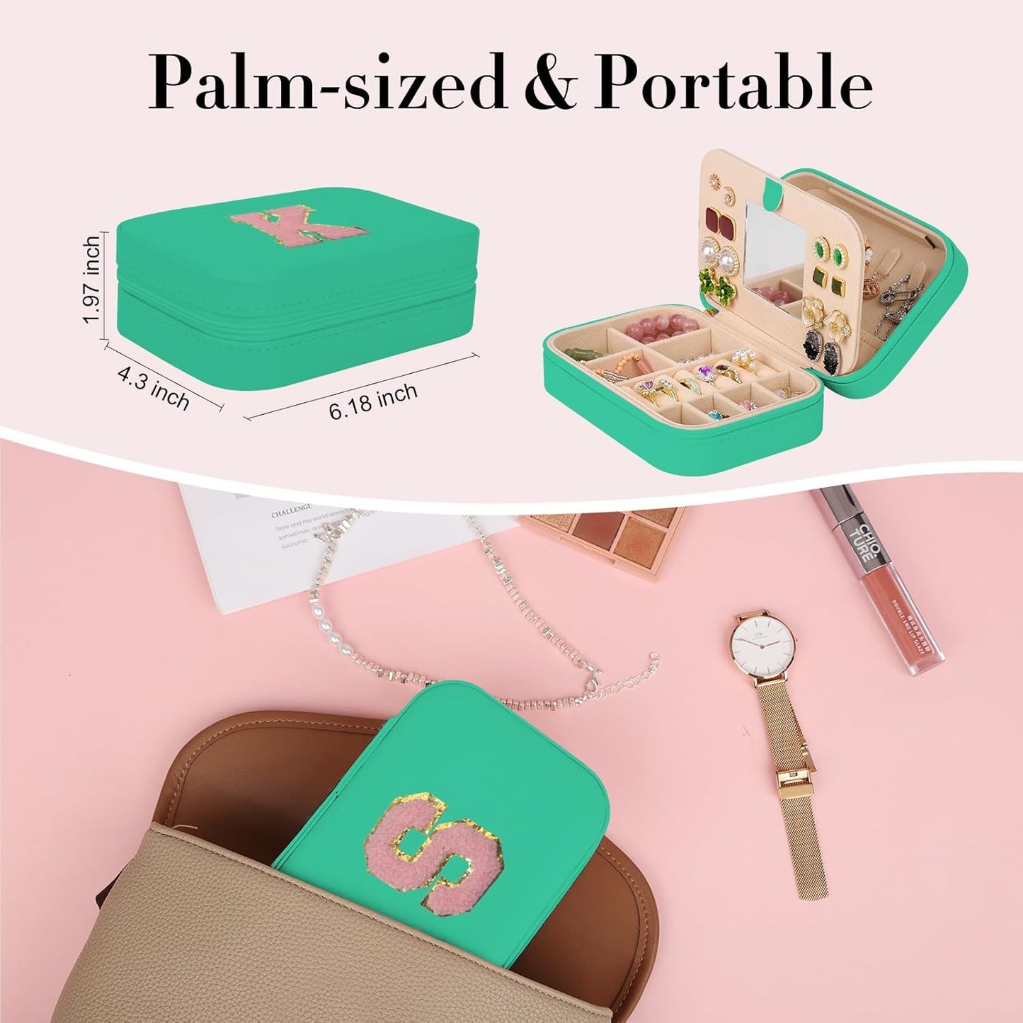TopPerfekt Travel Jewelry Case, Jewelry Box with Mirror, Jewelry Organizer Bridal Shower Gifts to Her, Earring Storage Travel Case, Trendy Gift for Women and Girls, Girlfriend-Letter S, Green