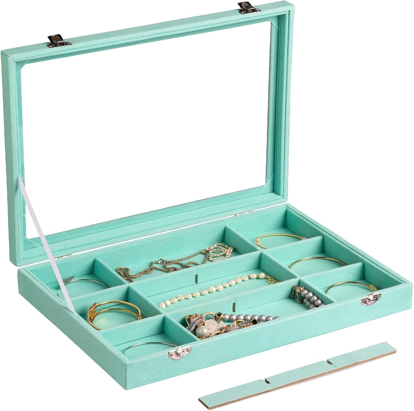 Frebeauty Velvet Jewelry Tray,12 Grid Jewelry Organizer with Clear Lid,Bracelets Holder,Jewelry Display Case with Clasp,Drawer Insert Bangle Brooch,13.8 x 9.5 x 2 Inches,Gift for Women Girl(Turquoise)