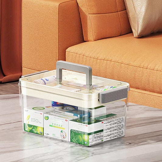 2-Tier Medicine Storage Box with Handle, Clear Plastic First Aid Organizer for Home & Travel, Multi-Compartment Emergency Supplies Container, Family Medicine Box, Pill Bottle Organizer