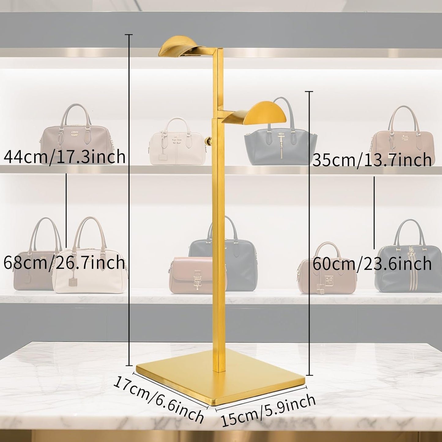 Two Tiers Handbag Display Stands - 2PCS Stainless Steels Purse Stand Holder Adjustable Height Purse Display for Retail Luxury Bag Organizer Home Store Boutique Retail Closet Gold Color