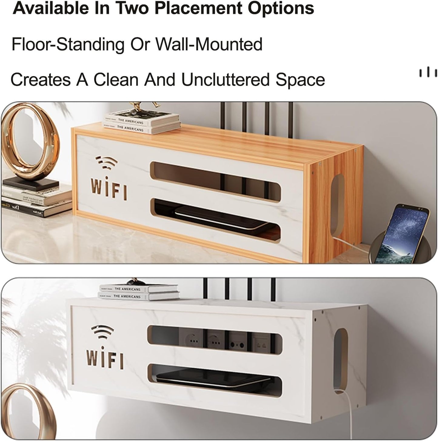 Wall Mount WiFi Router Box, WiFi Router Storage Cabinet, Power Strip and Cable Management Hider Rack, Invisible Storage, for Living Room, Office, Bedroom(Brown)