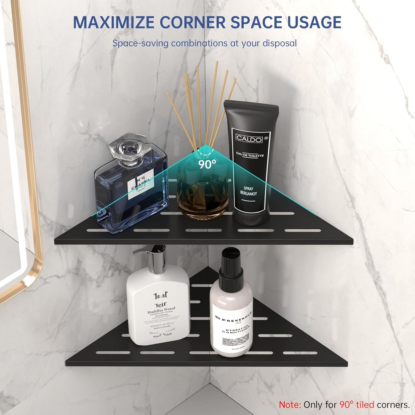 DAYONE Matte Black Corner Shower Shelf 2 Pack 10", Bathroom Corner Shower Organizer Shelf for Tiled Wall, SUS304 Stainless Steel Recessed Corner Shelves