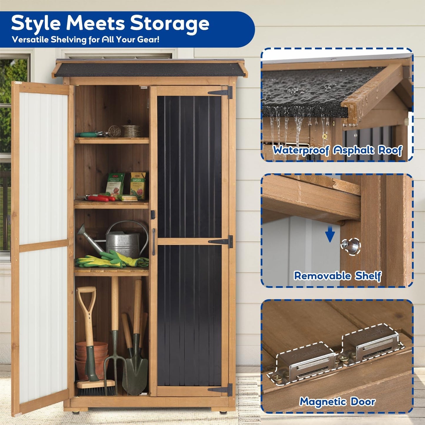 Storage Cabinet Outdoor Garage Cabinets with 3 Adjustable Shelves, Lockable Door, Wood & Metal Weather-Resistant Pantry Cabinet for Patio Garden Home Farm (33.3" Lx 21" Wx 69" H)