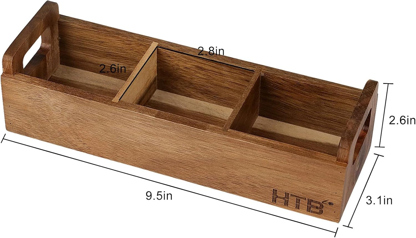 HTB Small Tea Bag Box Wooden, 3 Compartments Acacia Wood Tea Bag Chest with Handle, Mini Countertop Divided Storage Container for Beverage Supplies, Sugar, Sweeteners, Individual Packets