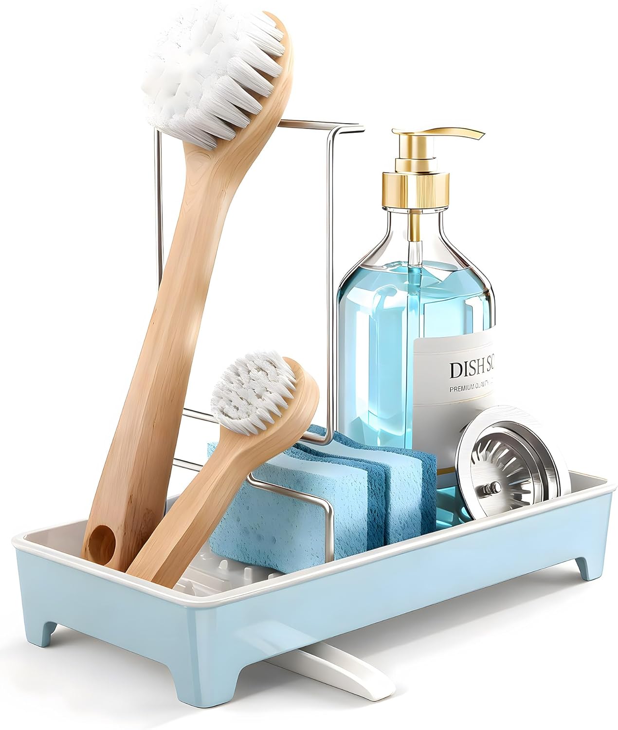 Ceramic-Look Sink Caddy, Rustproof Sponge Holder for Kitchen Sink with 304 Stainless-Steel Brush Holder, Countertop Rack Organizer with Raised Ridges & Silicone Drain Tube (Pastel Blue)