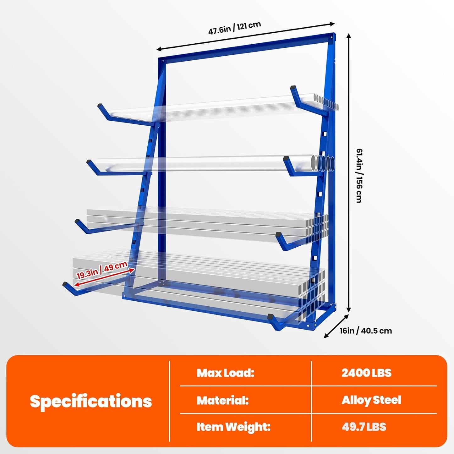 48x16x62'' Heavy Duty 4 Tiers Horizontal Lumber Storage Rack, 2400lbs Load Alloy Steel Lumber Pipe Organizer Shelf, Adjustable Bar Storage Cantilever Rack for Garage Workshop, Woodworking Shop
