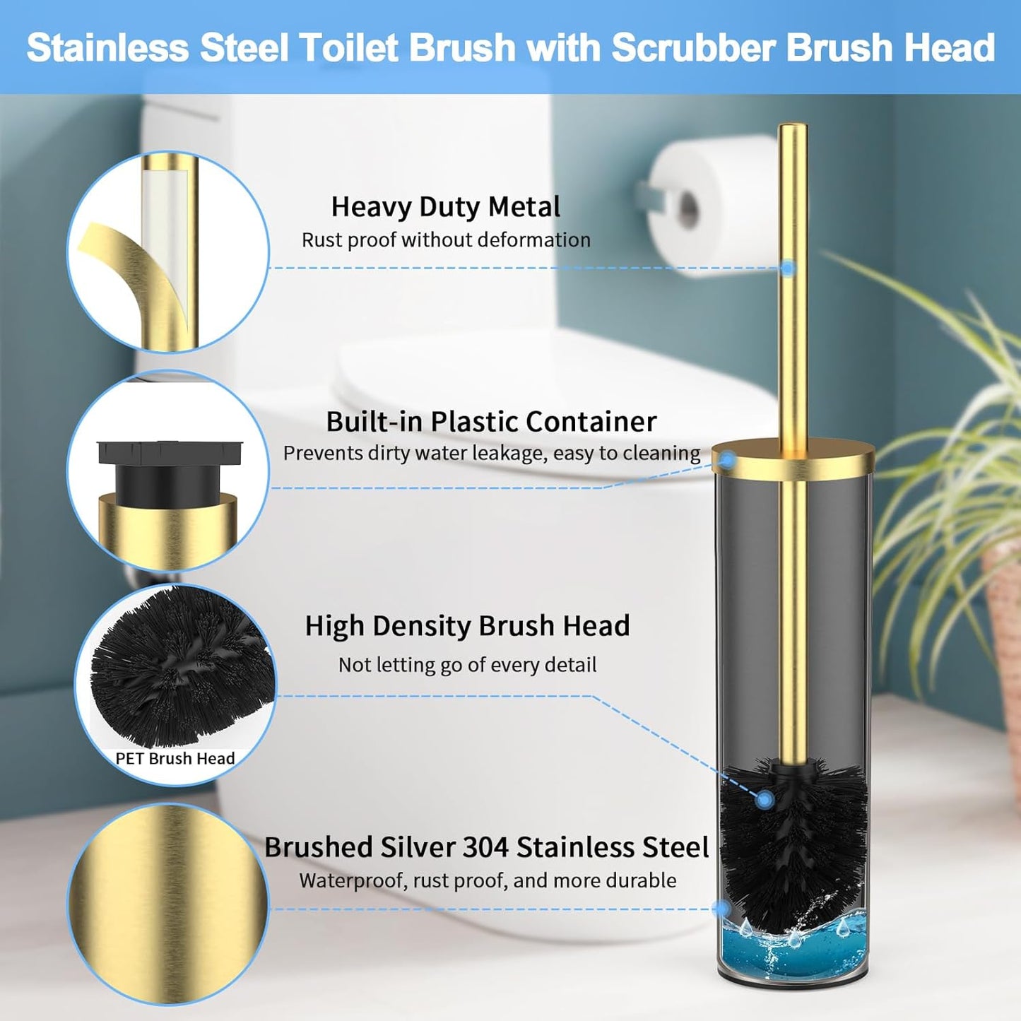 Stainless Steel Toilet Brush and Holder Set Brushed Gold Heavy Duty Toilet Bowl Brush with Long Handle for Bathroom and Farmhouse