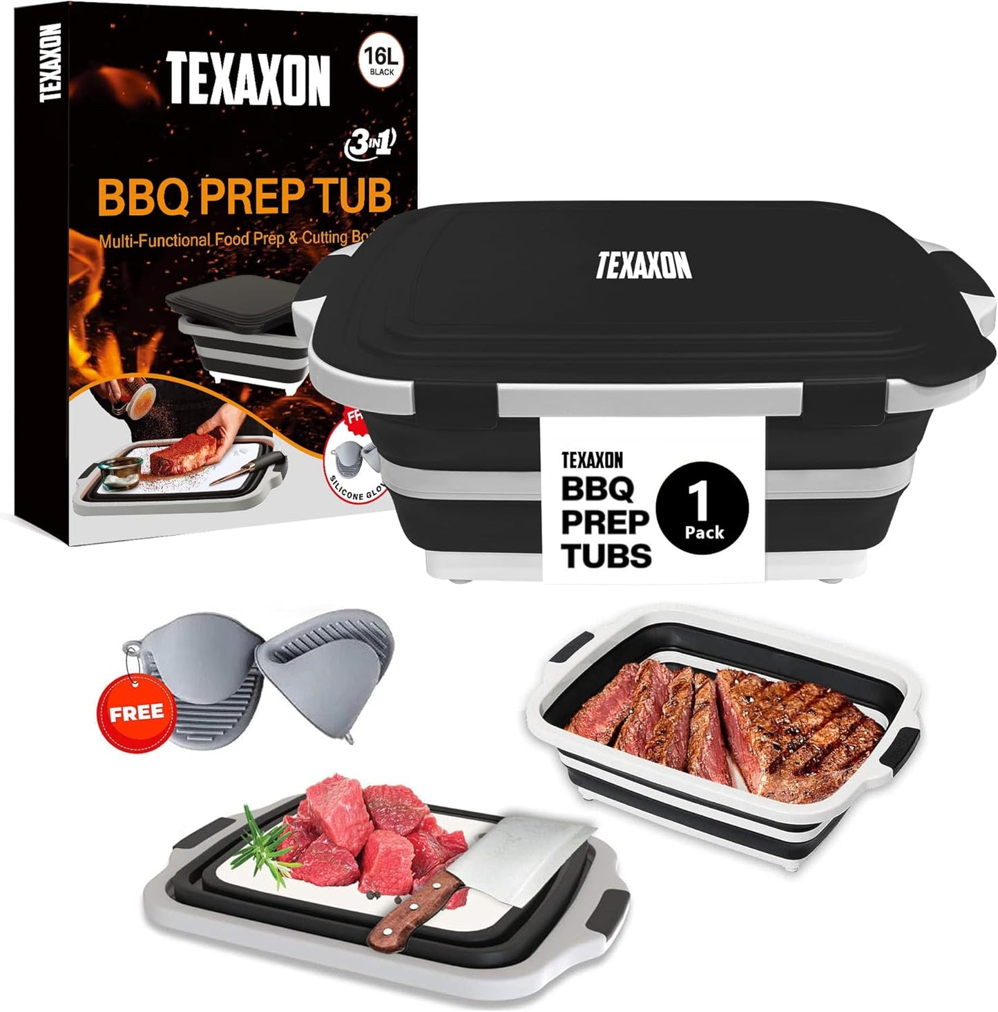 8L/16L BBQ Prep Tub with Cutting Board, Lid & Complimentary Mitts/Gloves – Collapsible Bucket for BBQ, Marinade, Picnic, Camping, Meat Prep – Orange/Black (Black, X-Large Lid Lock)