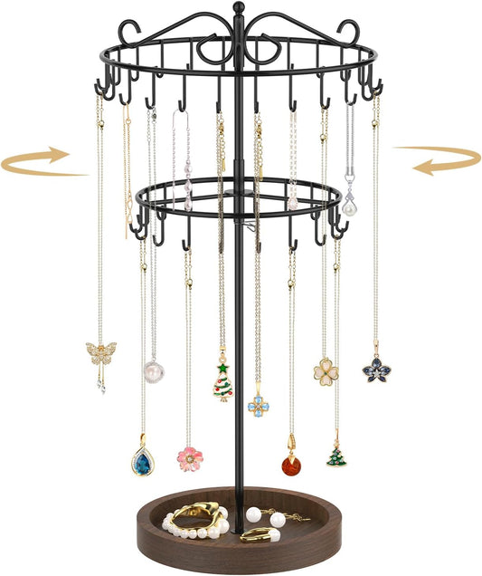 MODOWEY Rotating Necklace Holder Stand Organizer, 2 Tier Adjustable Extra Tall Metal Display Tree with Wooden Tray, 42 Hooks Pendant Hanger for Women Men, Stylish and Secure Jewelry Rack, Black