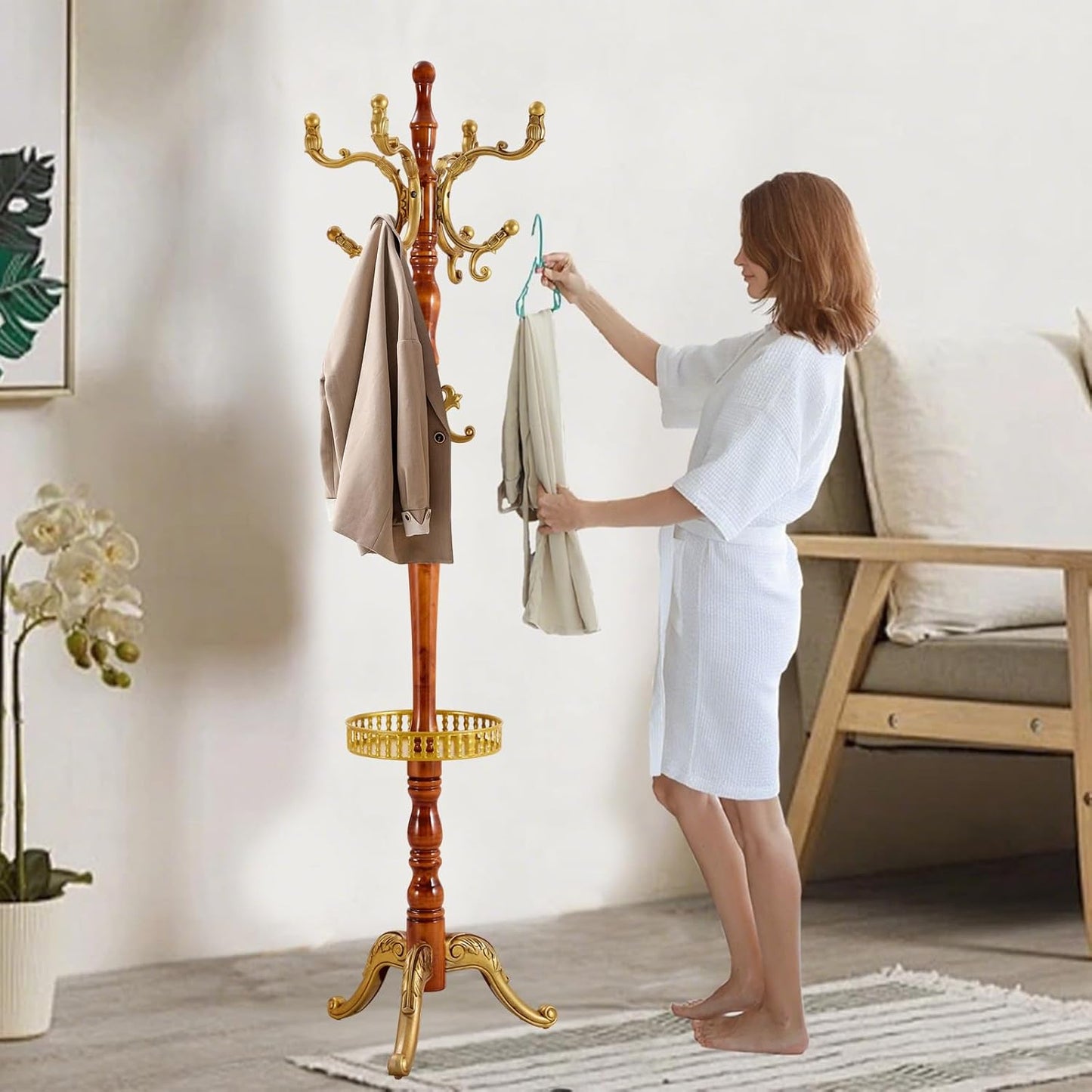 Solid Wooden Coat Rack Stand, Coat Racks Freestanding with 14 Hooks, Natural Birch Wood Coat stands with Sturdy Round Base, Tree Coat Hanger Standing for Entryway Bedroom Office（Begonia triangle2）