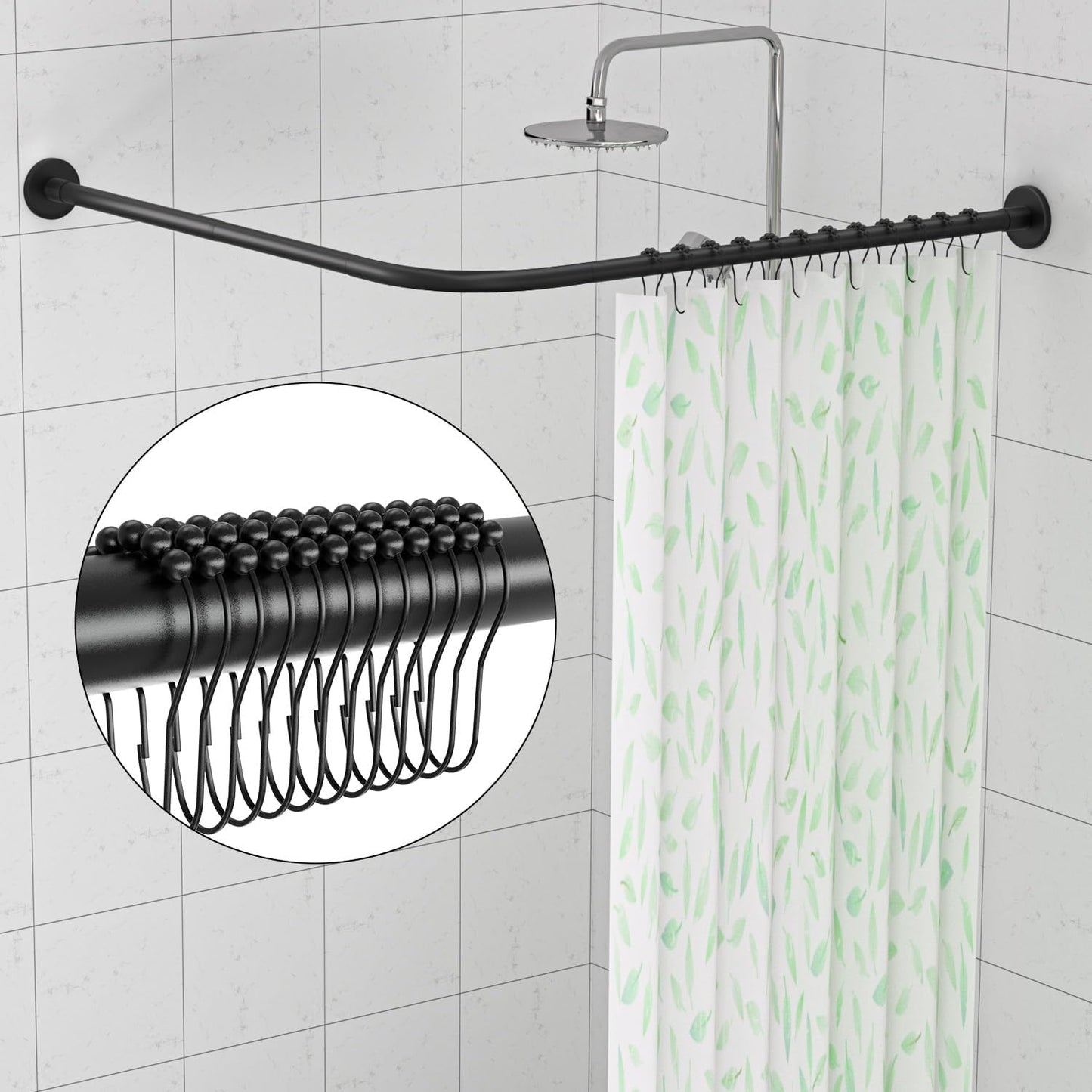 L-Shaped Corner Shower Curtain Rod, 「Black 24"-53" x 24"-53"」 Adjustable, Unsagging, Drill-free Install,304 Stainless steel 90°Curved Rod, Max Size 24"-37" x 55.1 "-69" with 12 Hooks