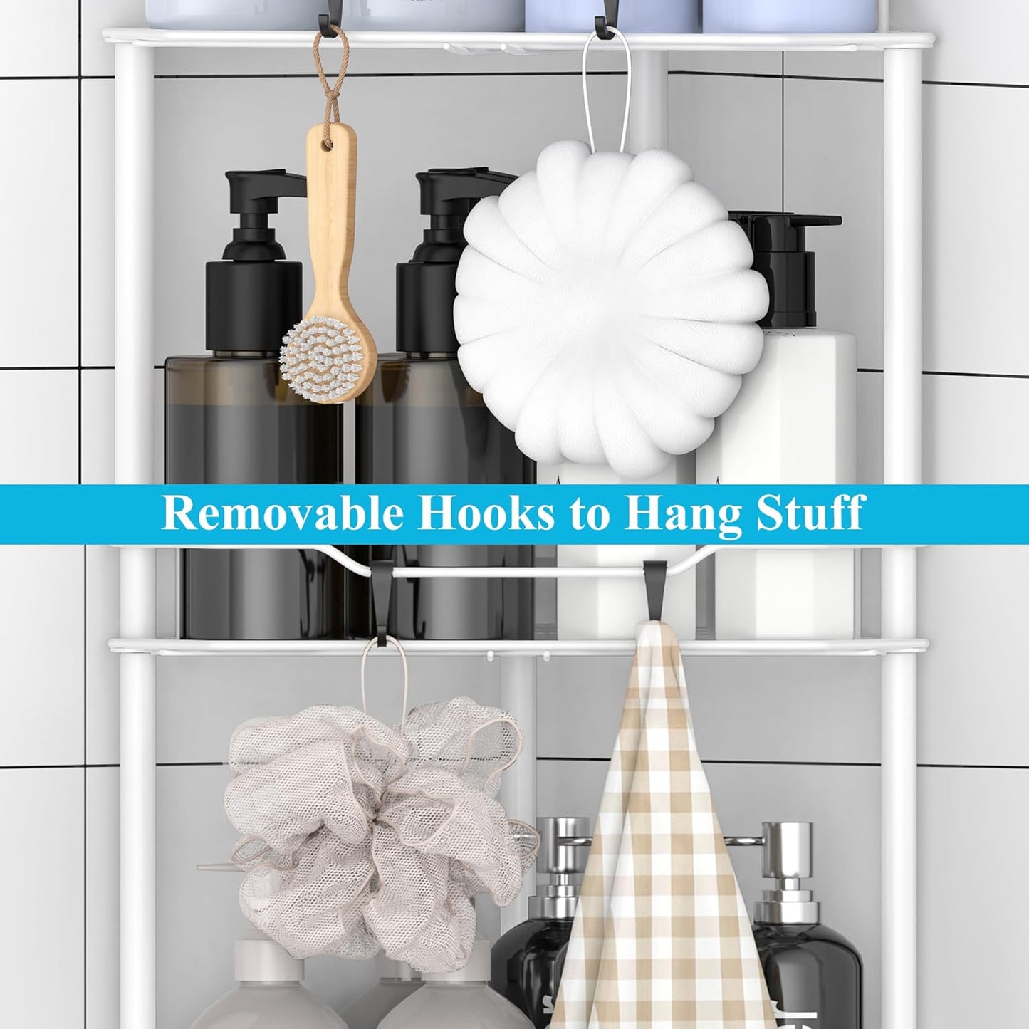 3 Tier Floor Standing Corner Shower Caddy Organizer Shelf with Hooks, Bathroom Shelves Stand Rack, White
