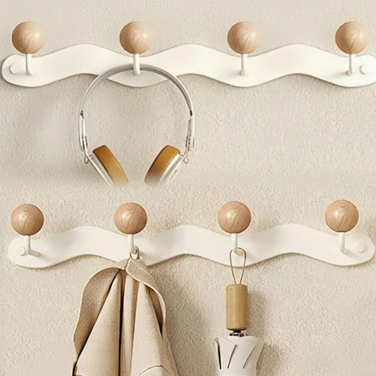 Coat Rack Wall Mounted,White Coat Hooks Adhesive & Screw in,Anti-Tear Wooden Ball Hook Rail, Heavy Duty Metal Coat Hangers for Entryway, Bathroom, Bedroom, Kitchen 2PACK (4-tri Hooks)