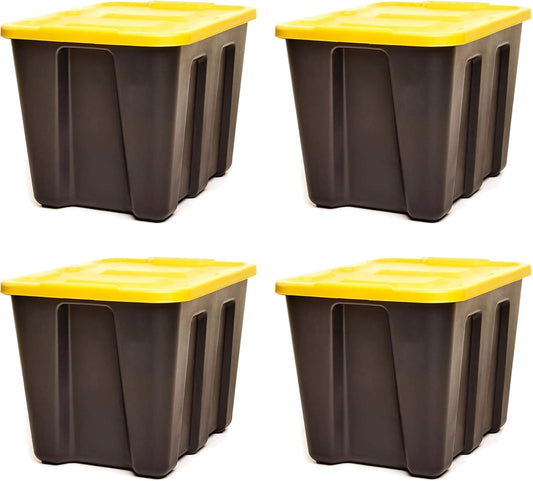 HOMZ 18 Gallon Durabilt Storage Bins, Pack of 4 Heavy Duty Plastic Containers, Secure Snap Lids, Break and Blemish Resistant, Stackable, Nestable, Organizing Totes, Black/Yellow