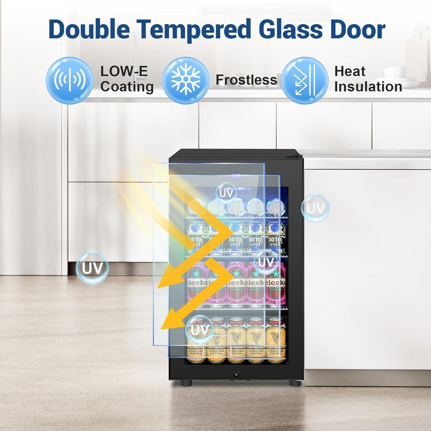 17 Inch Black Beverage Refrigerator- 126 Can Glass Door Beer Cooler with Temp Memory Freestanding Countertop Mini Fridge for Soda, Beer, Drinks Compact Drink Cooler for Home, Bar, Office