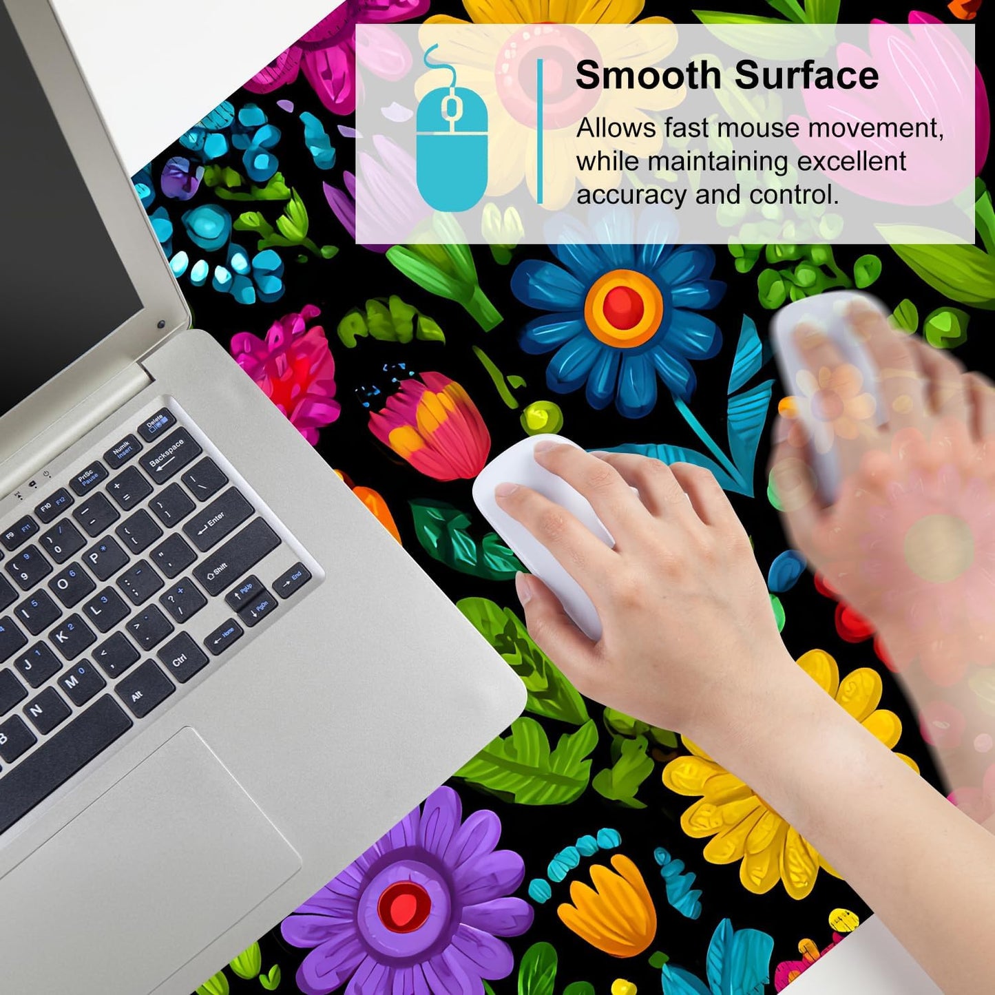 Folk Art Floral Mouse Pad – Large Extended Desk Mat 35.43 x 15.75 in – Colorful Boho Flowers on Black Background, Waterproof Surface, Non-Slip Rubber Base, Oversized Mouse & Keyboard Pad
