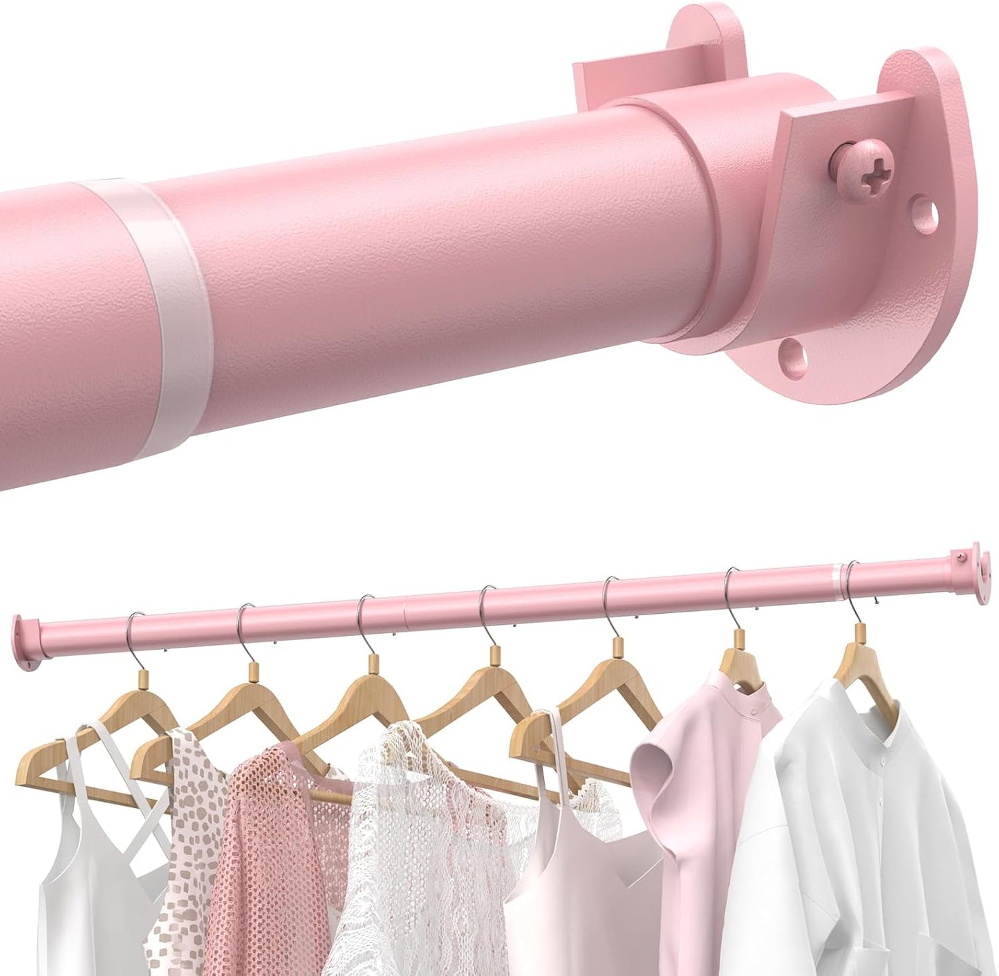 Closet Rods for Hanging Clothes, 17 to 54 Inches Stepless Adjustable Metal Closet Rod, 1.3 Inches Heavy Duty Clothes Hanging Rod for Closet Wardrobes Laundry RV, Pink