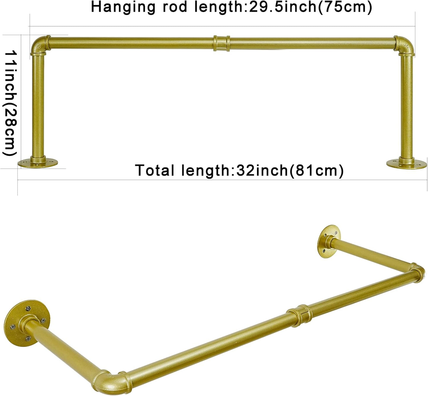 WEBI Industrial Pipe Clothing Rack,32" Wall Mounted Clothes Rack for Hanging Clothes,Heavy Duty Metal Garment Rack Bar Wall Mount Clothing Rod for Closet,Laundry Room,Gold