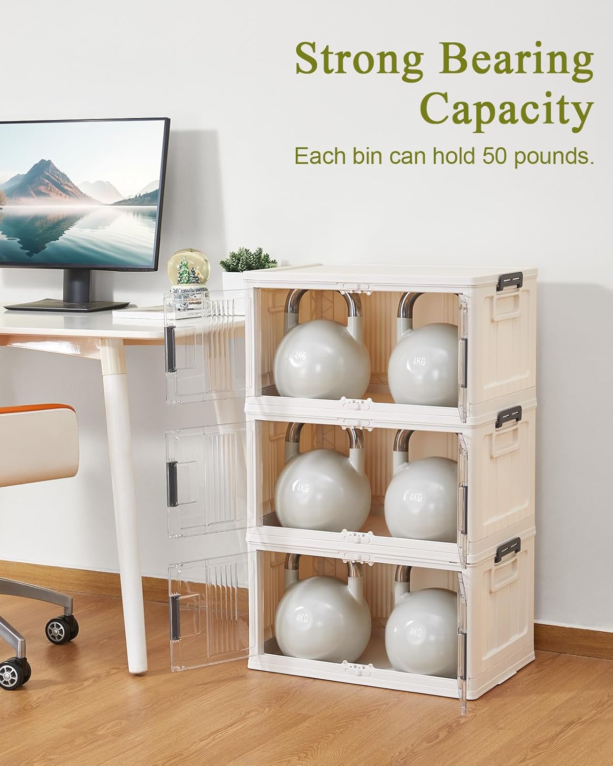 OlarHike 48QT Stackable Storage Bins with Lids - Folding Storage Box with Doors and Wheels, Collapsible Plastic Storage Bins for Closets, Home Organization, 3 Pack Cubes (Warm Gray)