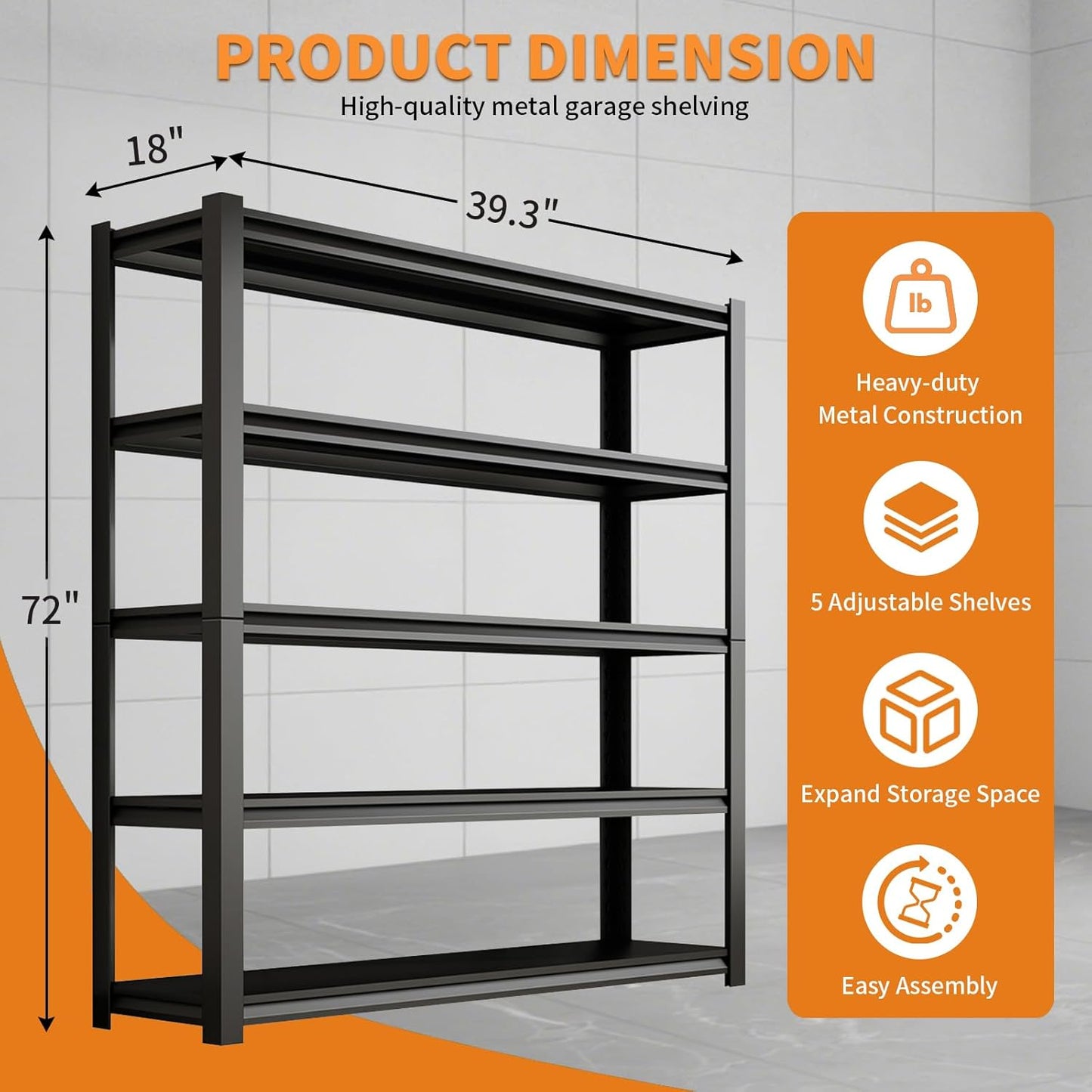 72"H Garage Shelving Units Storage Metal Shelves 2200LBS Heavy Duty Shelving 5 Tier Adjustable Utility Industrial Shelves Rack for Garage Basement Pantry Kitchen Living Room (18"D*39.3"W*72"H)