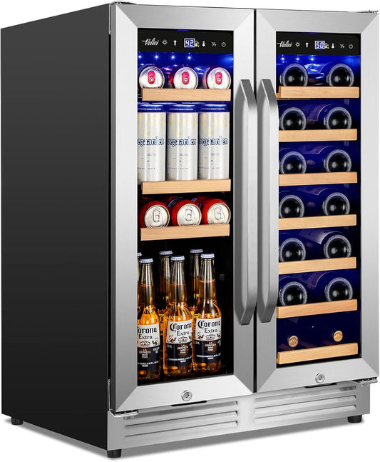 24-Inch Dual Zone Wine and Beverage Refrigerator with Glass Door & Lock- Freestanding/Under Counter Wine Cooler with Large Capacity Drink Fridge for Beer Soda, Fast Cooling