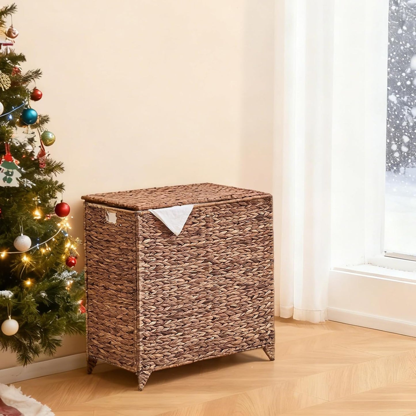 Handwoven Large Laundry Hamper with Lid and 2 Removable Liner Bags, Heightened Feet Natural Hyacinth Clothes Hamper,Wicker Laundry Basket for Clothes and Towels