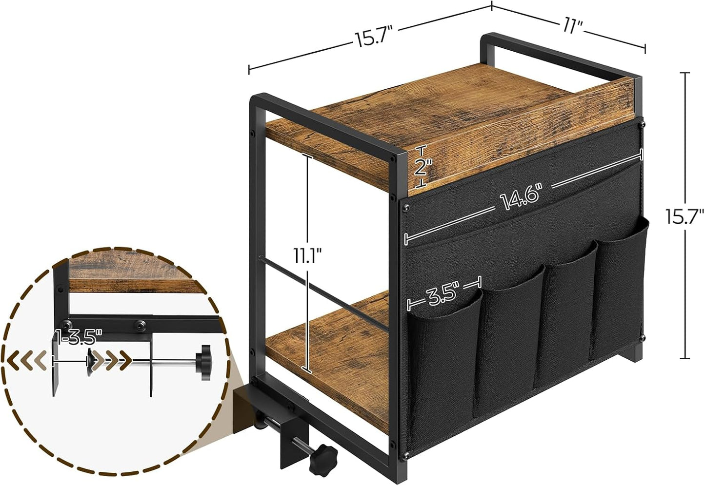 2-Tier Bedside Shelf, Bed Tray Shelf with Fabric Pockets Storage, Clip-on Loft & Bunk Bed Shelf for College, Nightstand for Sofa, Bedroom, Apartment, Rustic Brown and Black ET20BR