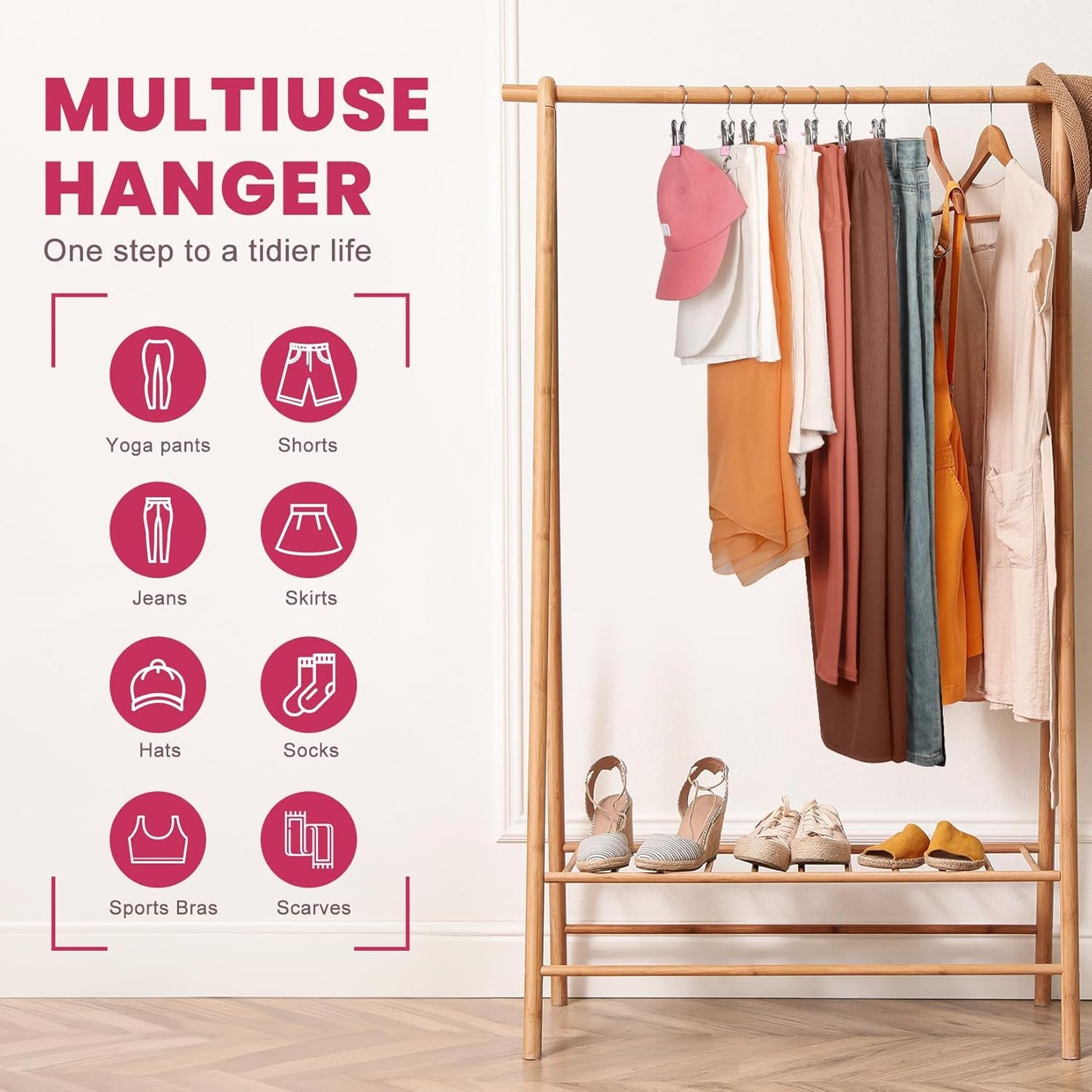 50 Pack Pants Hangers with Clip,Legging Organizer for Closet Hanging, Space Saving Yoga Pants Hangers Clip Hanger Wardrobe Organization,Closet Organizers and Storage for Jeans,Shorts,Skirts,Hats-Pink