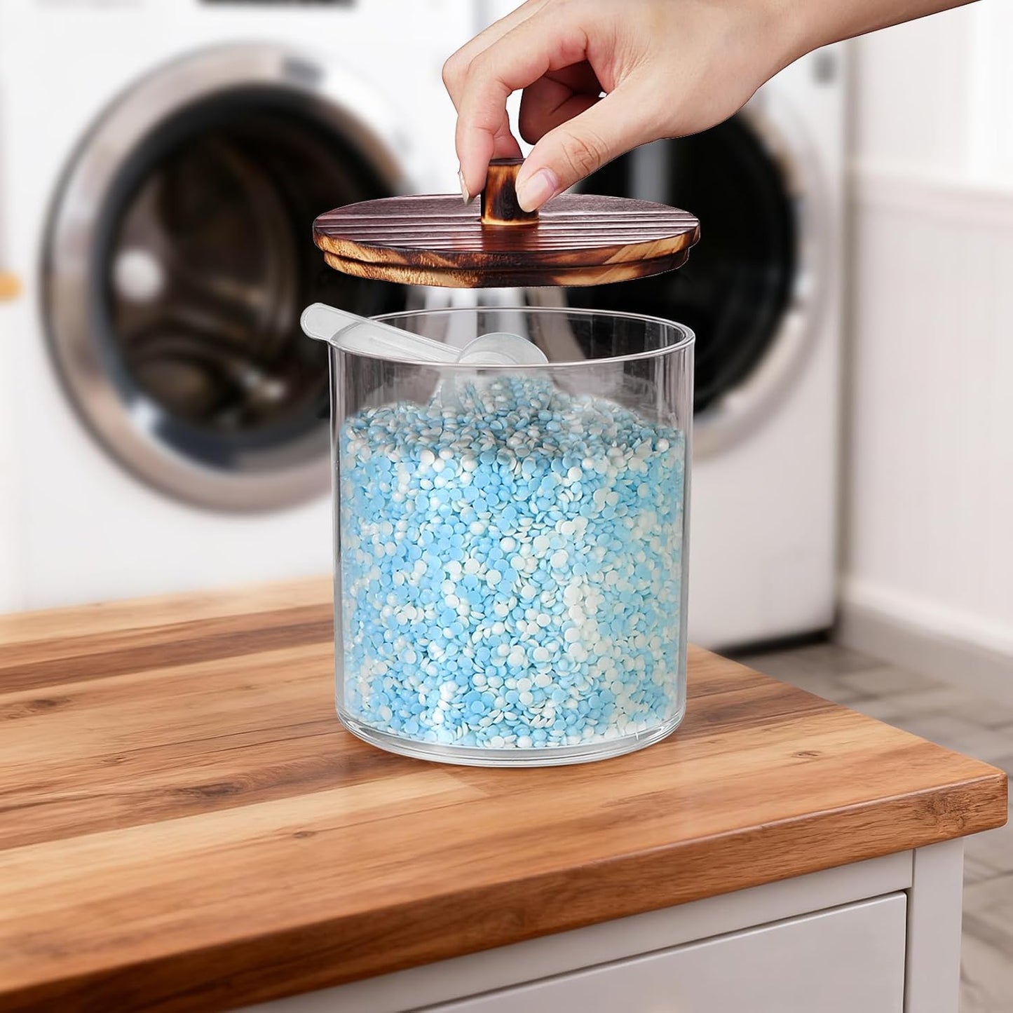 SheeChung 1 Pack 50 Oz Large Apothecary Jar with Wood Lid, Laundry Pods Container, Storage Jars for Bathroom Organization, Plastic Canisters with Cute Stickers Spoons(Dark Brown)