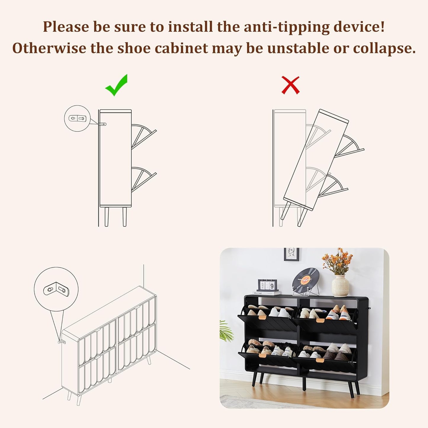 Shoe Storage Cabinet for Entryway with 4 Flip Drawers, Freestanding Narrow Wood Shoe Cabinet with Wave Panel, Hidden Shoe Organizer for Foyer, Hallway (Black)
